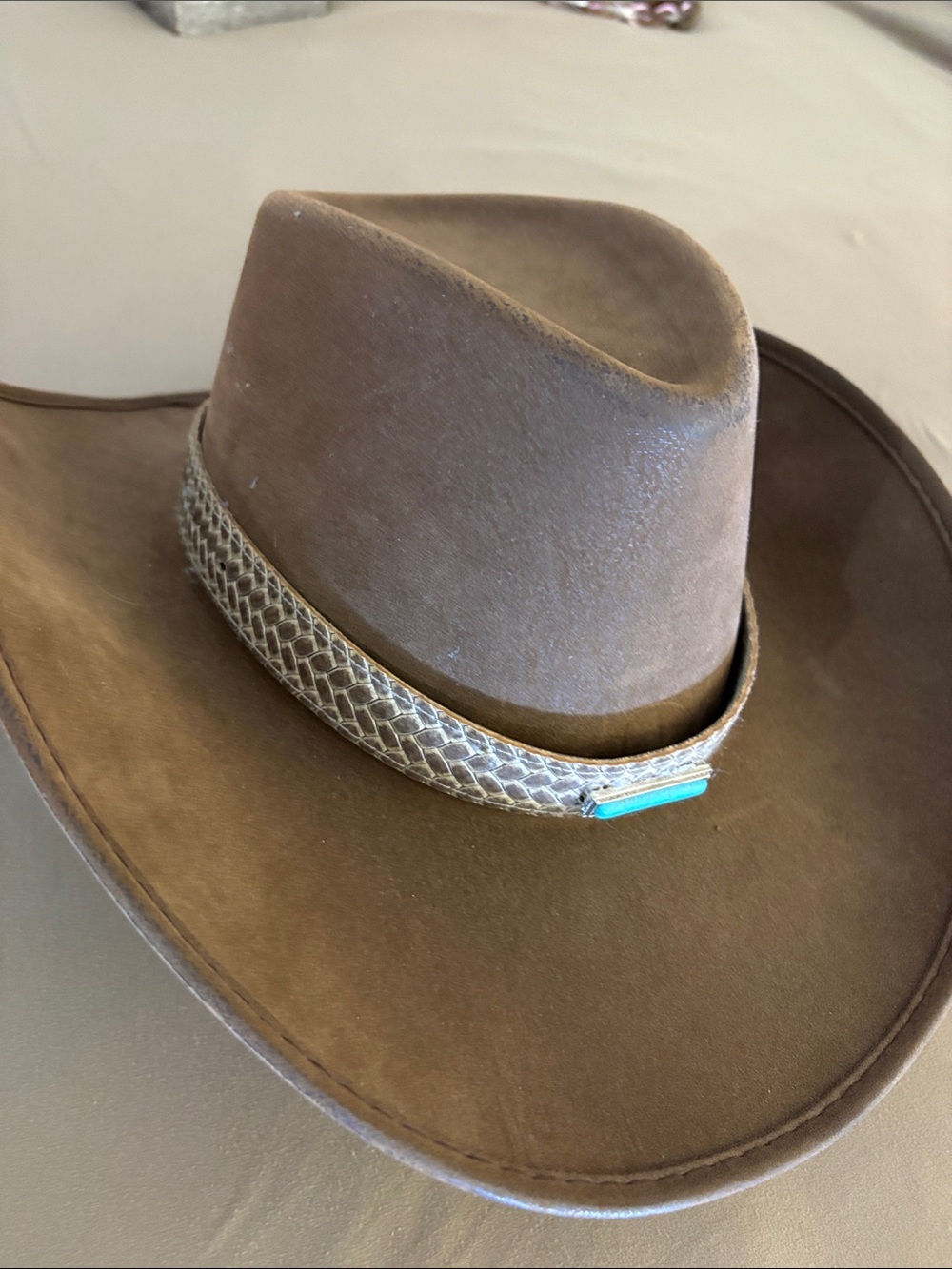Men's Brown Felt Western Hat with Decorative Band and Turquoise Accent